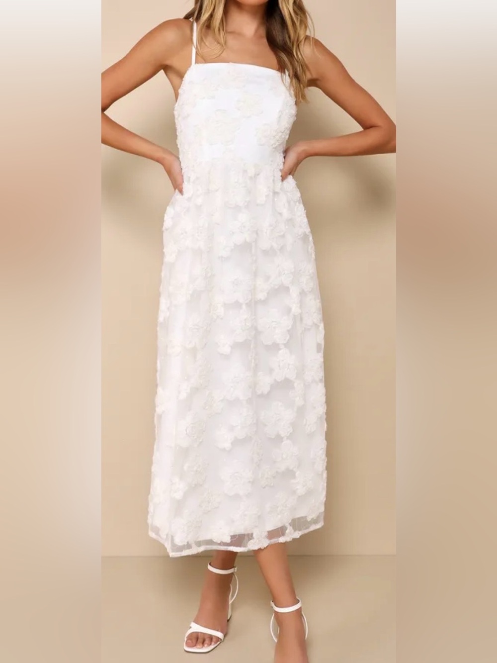 Lulu's White Floral Appliqué Midi Dress